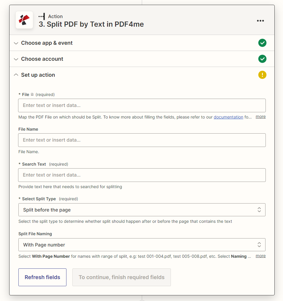 Dividi PDF in testo in Zapier: PDF4me